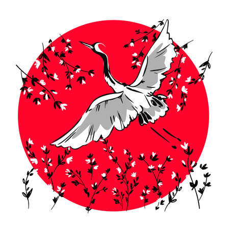 Hand drawn Crane bird, Graphic illustration bird vector art red backgroundのイラスト素材