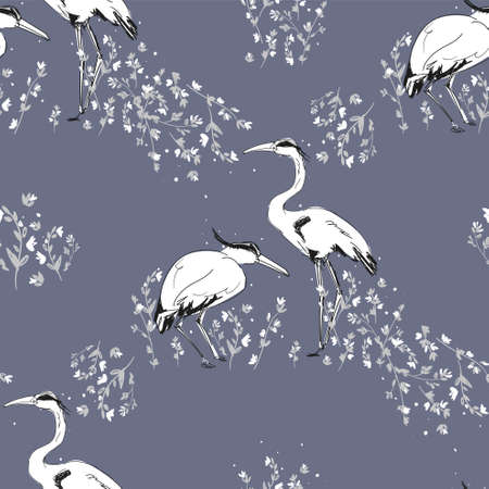 Crane Bird hand drawn background seamless pattern Heron sketch vector print textileのイラスト素材