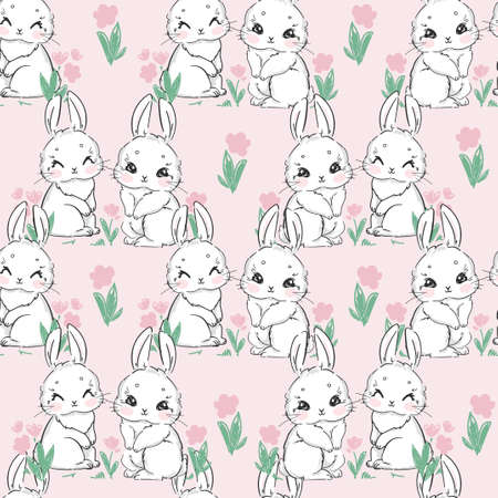 Seamless Pattern Rabbit and flowers. Hand Drawn Bunny, print design background. Vector Print Textile for Kids Fashion.のイラスト素材