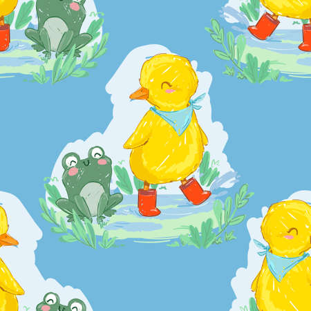 Hand drawn cute duckling and frog vector illustration seamless pattern cute friends on a rainy day decorationのイラスト素材