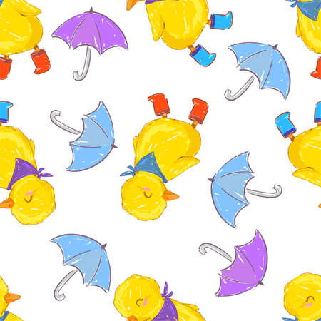 Hand drawn cute yellow duckling and umbrella vector illustration seamless pattern Cute little duck bird rainy dayのイラスト素材