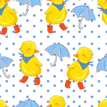 Hand drawn cute yellow duckling and umbrella vector illustration seamless pattern Cute little duck bird rainy dayのイラスト素材