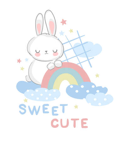 Cute Bunny graphic vector illustration hand drawn rabbit with rainbow design print for t-shirtのイラスト素材