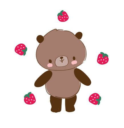 Cute bear with sweet strawberries hand drawn vector illustration teddy bear kids trend design printのイラスト素材