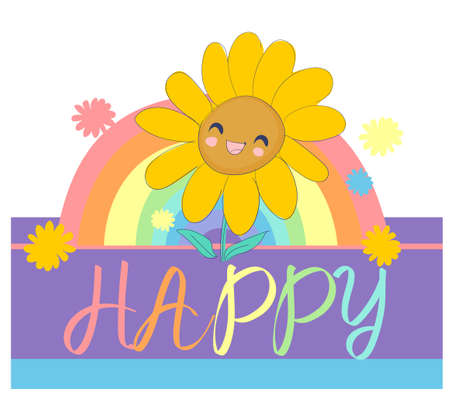 Sunflower Hand drawn sketched cute flower positive vibes happy print postcard vector illustration handwritten text - HAPPYのイラスト素材