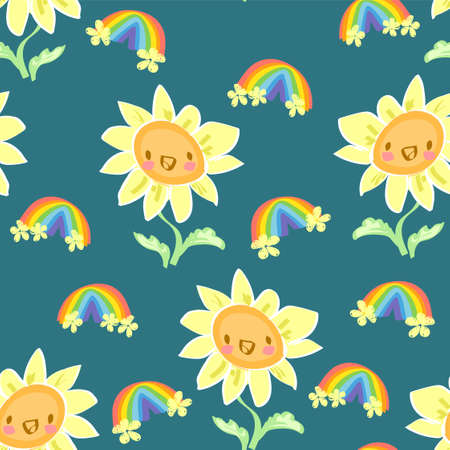 Happy Sunflower and rainbow seamless pattern cute flowers vector illustration print decoration design for textiles, clothing and fabricのイラスト素材