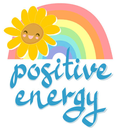 Sunflowers and rainbow drawn sketched cute flower positive vibes happy print positive vector illustration handwritten textのイラスト素材