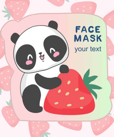 hand drawn Cute panda with Strawberry vector illustration funny kawaii design for packaging cosmetics masksのイラスト素材