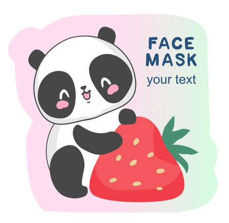 hand drawn Cute panda with Strawberry vector illustration funny kawaii design for packaging cosmetics masksのイラスト素材