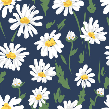 Sketch flowers cute Camomile on a blue background. Seamless Pattern with daisy. Chamomile Vector Summer Print for textileのイラスト素材