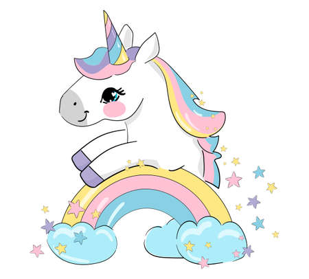 Hand drawn cute Unicorn horse and rainbow with cloud and stars Childish print Trend vector...