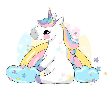 Hand drawn cute Unicorn horse and rainbow with cloud and stars Childish print Trend vector illustrationのイラスト素材