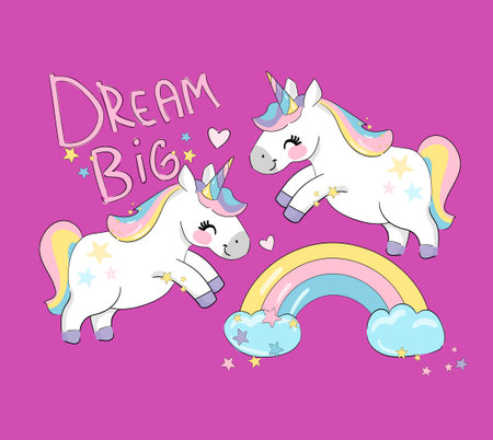 Cute funny unicorns and rainbow Pink background beautiful trend baby print vector illustrationのイラスト素材
