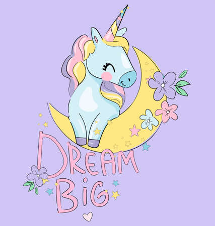 Hand drawn cute unicorn and flowers magic vector illustration. Childrens Trend Printのイラスト素材