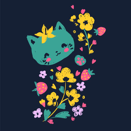 Hand drawn cute cat on a dark blue background sketch vector illustration, beautiful print design, flowersのイラスト素材