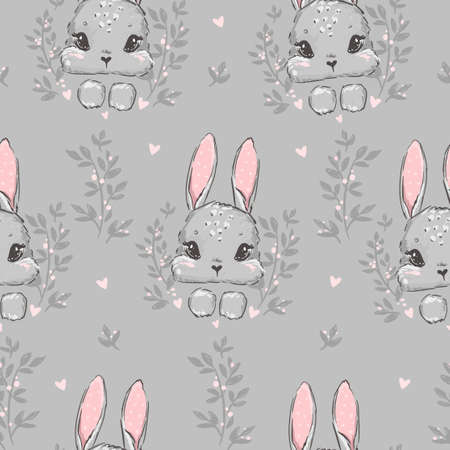 Cute Rabbit Seamless Pattern. Hand Drawn beautiful Bunny, Print Design Textile for Kids Fashion. Vector illustrationのイラスト素材