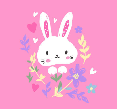 Hand Drawn Cute Bunny pink background, design rabbit, children print on t-shirt. Vector illustrationのイラスト素材