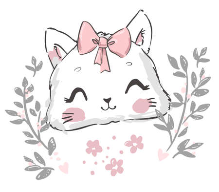 Hand drawn cat, cute cat sketch vector illustration, print design, children print on t-shirt girl, flowersのイラスト素材