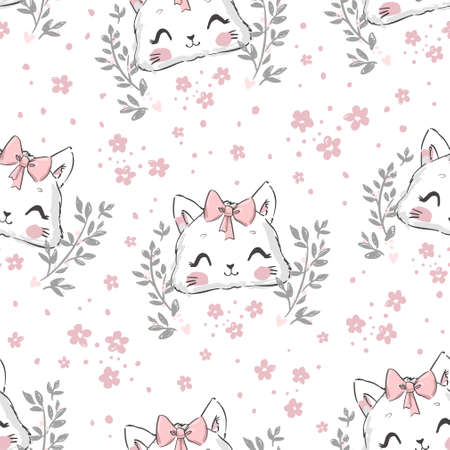 Hand drawn seamless pattern background with cats vector illustrationのイラスト素材