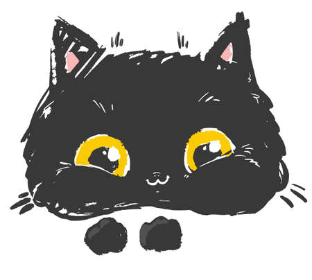 Hand Drawn Black Cat. Cute kitten vector background, Halloween holiday backgroundのイラスト素材