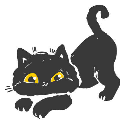 Hand Drawn Black Cat. Cute kitten vector background, Halloween holiday backgroundのイラスト素材