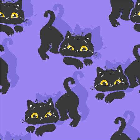 Hand Drawn Black Cat Seamless Pattern, sketch Cute kitten vector background Halloween holiday autumn backgroundのイラスト素材