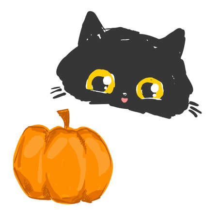 Hand Drawn Black Cat, Kitten sits in pumpkin fun design poster card for Halloween illustration vectorのイラスト素材