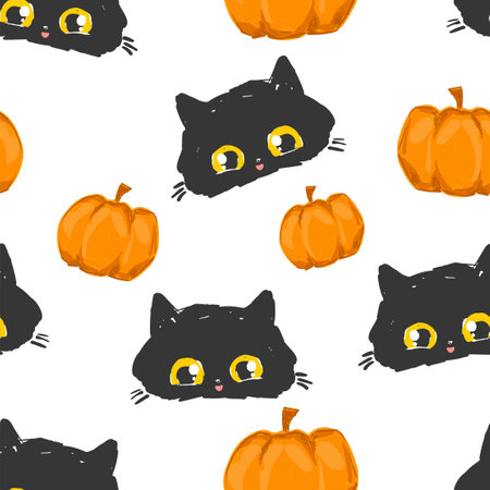 Hand Drawn Black Cat Seamless Pattern, Cute kitten vector background Halloween holiday autumn backgroundのイラスト素材
