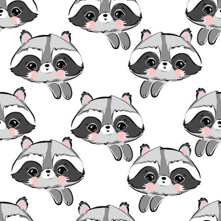Cute Raccoon hand drawn vector illustration. Childrens print for fabric with animal cartoon. Pattern seamless.のイラスト素材