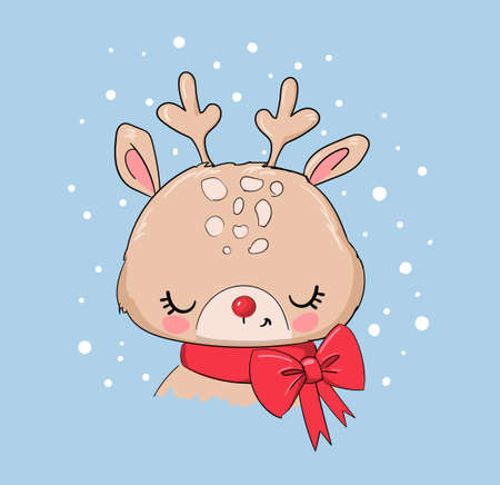 Hand Drawn Cute Little Deer and bow. children print on t-shirt. Vector christmas illustrationのイラスト素材