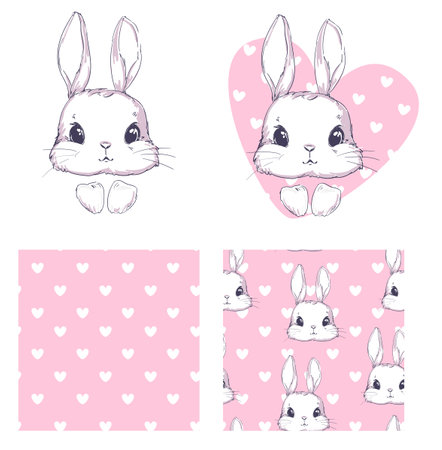 Hand Drawn Cute Bunny pink background, print design rabbit vector illustration Set patternのイラスト素材