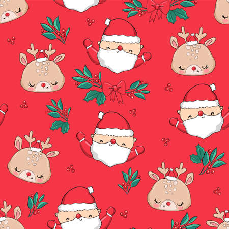 Hand Drawn Cute Little Deer and santa claus Christmas gift packaging, vector seamless pattern.のイラスト素材