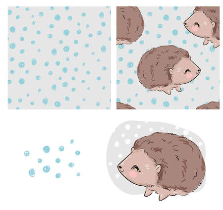 Hand Drawn cute hedgehog Cartoon character vector illustration childish design print and poster setのイラスト素材