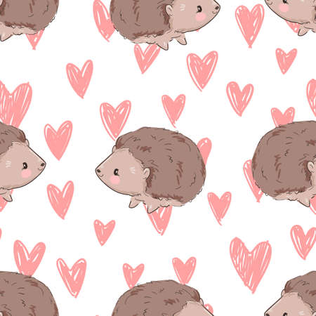 Hand drawn Cute baby hedgehog and pink heart background pattern seamless. Woodland Print Design Vector.のイラスト素材