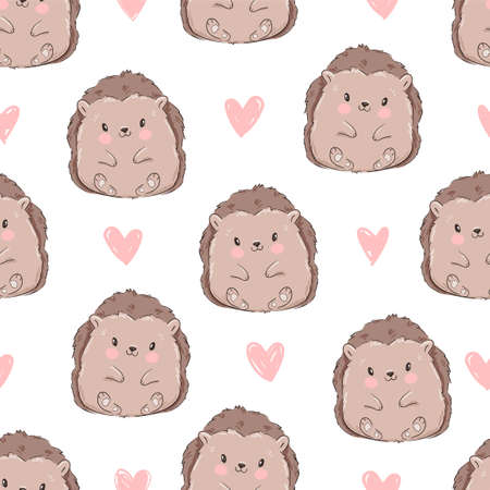Hand drawn Cute baby hedgehog and pink heart background pattern seamless. Woodland Print Design Vector.のイラスト素材