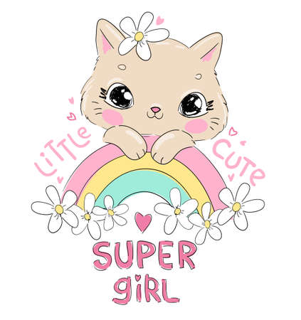Hand drawn cat and rainbow Cartoon character vector illustration. Childish design print on t-shirt.のイラスト素材