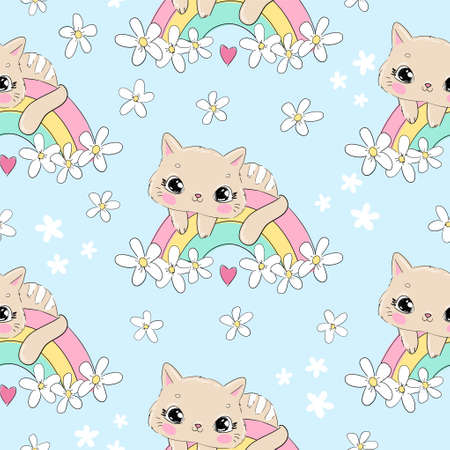 Hand drawn cat and rainbow seamless pattern vector illustration. Childish design print on t-shirt.のイラスト素材