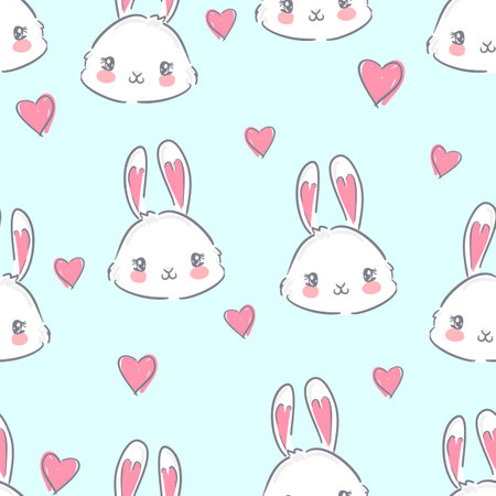 Hand Drawn cute pink and blue Bunny, design rabbit background. Vector Print Design Seamless Patternのイラスト素材