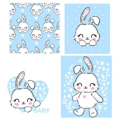 Hand Drawn Set Cute Bunny, print design rabbit vectorのイラスト素材