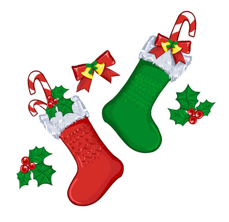 Hand drawn socks and gifts in them holidays Vector illustration. Red Santa's boot Cute illustration in a children's styleのイラスト素材