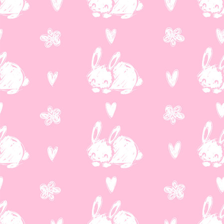 Cute hand drawn White Bunnies on the pink background vector seamless pattern kids print textilesのイラスト素材