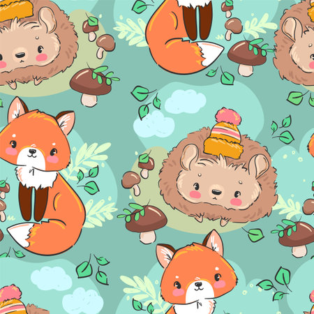 Hand drawn Foxes and Hedgehog and mushrooms Woodland Seamless Pattern Childrens Print Vector illustrationのイラスト素材