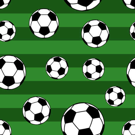 Seamless pattern of big soccer balls on striped background in green colorsのイラスト素材