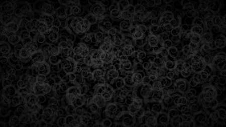 Abstract dark background of translucent spirals with light outlines. Black shaded backdrop with randomly distributed geometric shapes.のイラスト素材