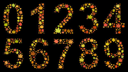 Set of digits from 0 to 9, consisting of yellow autumn leaves on black backgroundのイラスト素材