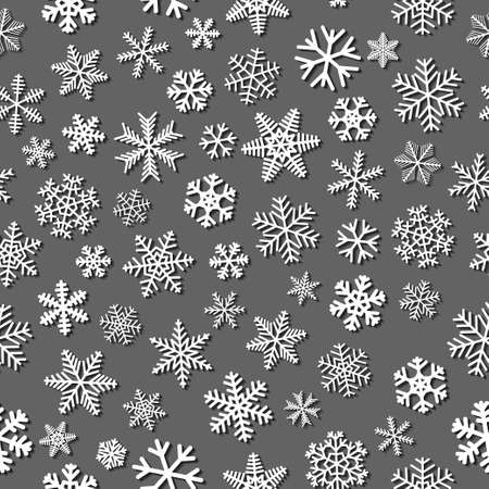 Christmas seamless pattern of snowflakes with shadows, white on gray backgroundのイラスト素材
