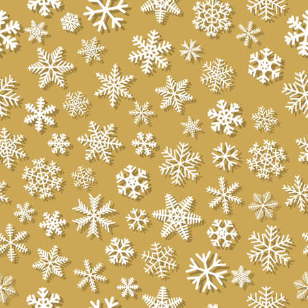 Christmas seamless pattern of snowflakes with shadows, white on yellow backgroundのイラスト素材