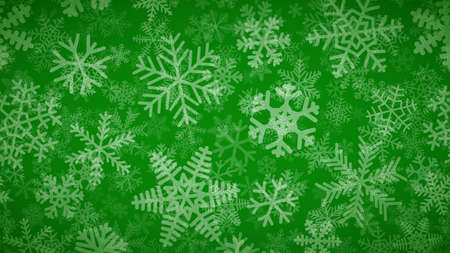 Christmas background of many layers of snowflakes of different shapes, sizes and transparency. White on green.のイラスト素材