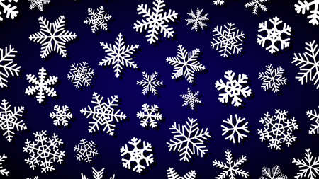 Christmas background of snowflakes of different shapes and sizes with shadows. White on dark blue.のイラスト素材