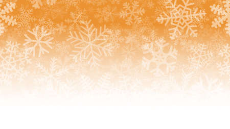 Christmas illustration of many layers of snowflakes of different shapes, sizes and transparency. On gradient background from orange to white.のイラスト素材